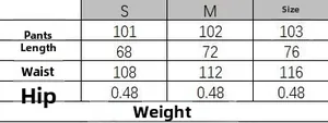 Size chart for women's soft straight-leg trousers showing length, waist, and hip metrics