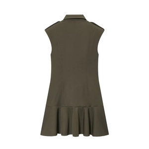 Detail of olive green sleeveless dress featuring shirt collar, epaulettes and ruffled hem