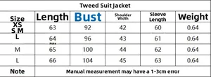 Detailed size chart for corduroy blazer set including length, bust, and sleeve measurements