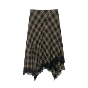 Plaid slim-fit midi skirt with irregular asymmetrical hem and black lace splicing detail