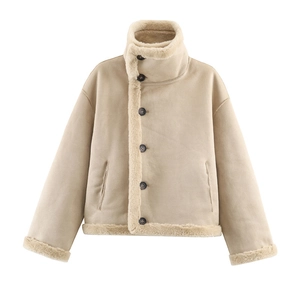 Women's beige reversible fleece jacket with warm faux lamb wool trim and high stand collar