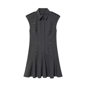 Detail of dark grey sleeveless double-breasted dress with button accents and notched lapels