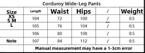 Size chart for women's corduroy wide-leg pants showing length, waist and hip measurements