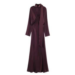 Elegant deep burgundy satin long sleeve maxi dress with plunging V-neck and scarf collar