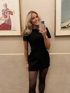 Damen Casual Einfarbig Rundhals Puffärmel Minikleid Mit Taschen Elegant Westlicher Stil Kurzarm A-Linien-Kleid