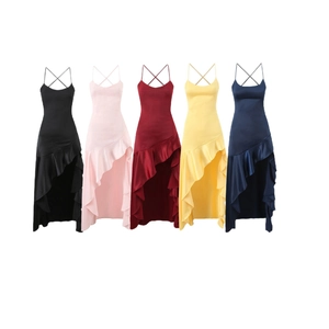 Slim fit ruffled high-low hem dress with thin straps in five different colors
