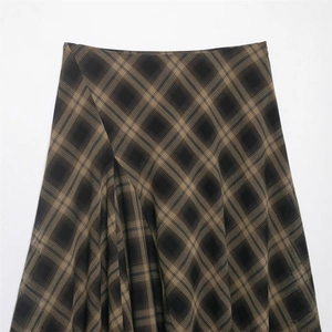 Women's 2025 winter brown plaid A-line midi skirt with stylish high-waisted side pleats