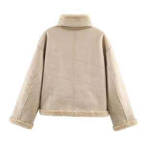 Women's beige faux suede winter jacket with sherpa fleece lining and trim, back view