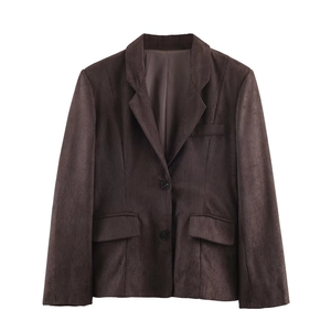 Close-up of brown corduroy blazer with notched lapels and smooth inner lining texture