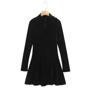 Vintage Black Velvet Long Sleeve Midi Dress Stand Collar Slim Fit Elegant Evening Party A-Line Dress For Women
