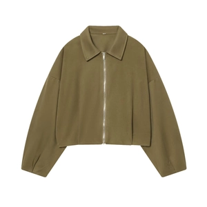 Flat lay detail of dark olive green zip-up jacket with lapel collar and metal zipper