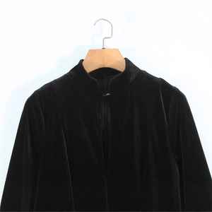 Elegant slim-fit black velvet dress featuring a Chinese mandarin collar and V-neckline