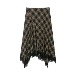 Plaid midi skirt with asymmetrical hem and delicate black lace trim detailing