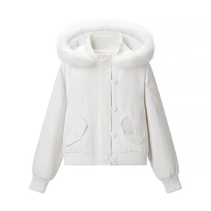 Women Casual Hooded Cotton Jacket White Solid Color Loose Fit Single Breasted Coat With Faux Fur Trim Winter Puffer Outwear