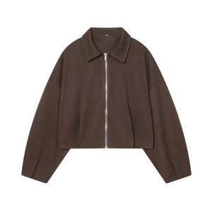 Detailed flat lay of dark brown cropped zip-up jacket with drop shoulder design