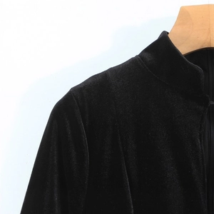 Slim fit black velvet dress with elegant stand collar and side zipper design details