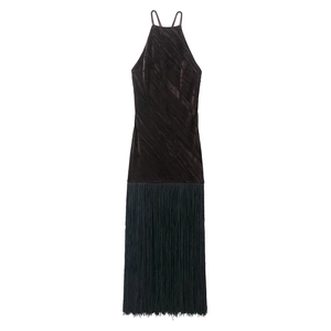 Robe Midi Sexy en Velours Dos Nu Halter Avec Longues Franges Glands Élégante Café Robe de Soirée Moulante pour Femme
