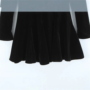 Elegant black velvet long sleeve slim fit dress with pleated hem detail on white background