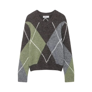 Maglione da donna con scollo a V e motivo classico a rombi in grigio e verde