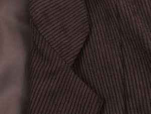Detailed view of dark brown corduroy texture and lapel stitching on women's winter blazer