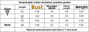 Tableau des tailles détaillé pour veste en simili cuir pour femme avec col amovible