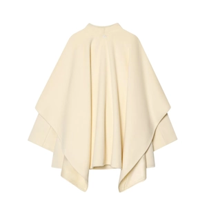 Detail of an ivory wool blend cape coat featuring a high neck and draped folding layers