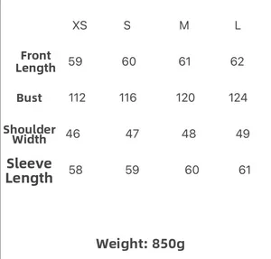 Detailed size chart for winter faux fur jacket including bust and length measurements