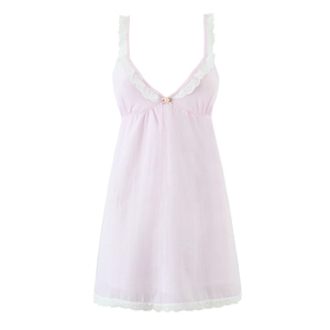 Damen Gestreiftes Trägerkleid Rosa Weiß Seersucker V Ausschnitt Spitzenbesatz Rückenbindung Süßes Sommer Minikleid