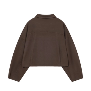 Back view of a brown long-sleeved cropped polo jacket with drop shoulders and ribbed cuffs