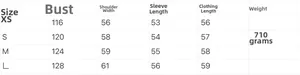 Size chart for women's hooded jacket with measurements for chest, shoulder, sleeve, and length