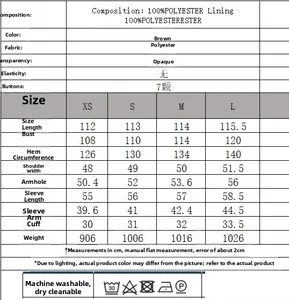 Detailed size chart for long brown wool-style coat with measurements and material specs