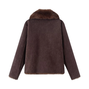 Rear view of brown faux suede jacket featuring a thick plush faux fur collar and trim