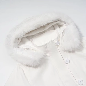 Women's pure white hooded winter coat with faux fur trim and button-up front closure
