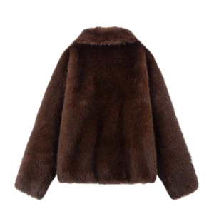 Back view of a plush dark brown faux fur jacket with a soft and luxurious texture