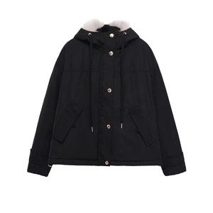 Classic black hooded winter parka jacket with plush white faux fur collar and gold buttons