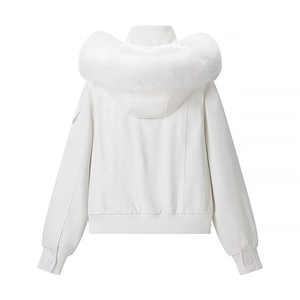 Women's casual white hooded jacket featuring a luxury faux fur collar and ribbed cuffs