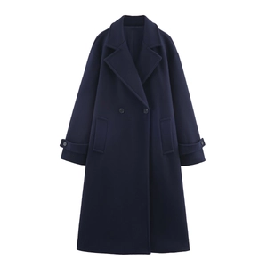Close-up of double-breasted buttons and large vertical pockets on navy wool coat