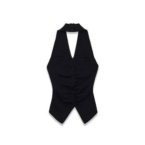 Women's elegant black halter top with deep V-neck and ruched button detail