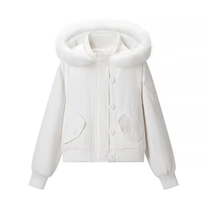 Women's white winter hooded jacket with faux fur trim and classic button closure