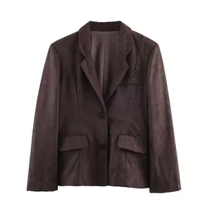 Women Vintage Dark Coffee Corduroy Blazer Jacket And Straight Leg Pants Casual Professional Style Top And Bottom