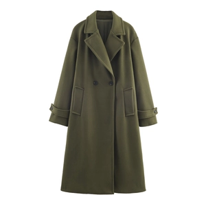 Detail view of the deep army green wool coat featuring lapels and double-breasted buttons