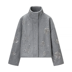 Chic grey stand-collar jacket with shimmering snowflake sequin embroidery and zipper