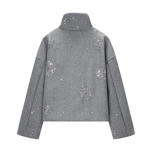 Women's grey stand collar jacket with silver sequin snowflake embroidery on back