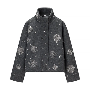 Fashionable dark grey wool jacket with stand collar and silver snowflake sequins