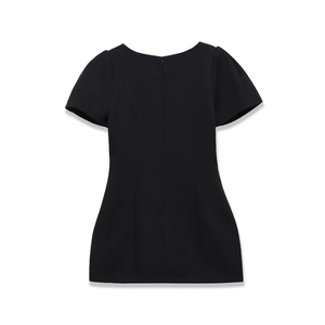 Detailed back view of a slim-fit black mini dress featuring a discreet invisible zipper