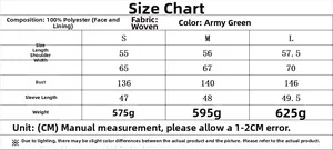 Size guide for women's army green bomber jacket with material specs and measurements