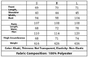 Detailed size chart for khaki sleeveless vest and pants set with fabric specifications
