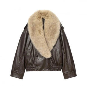 Veste Vintage en Similicuir PU pour Femmes Avec Grand Col en Fausse Fourrure Marron Double Boutonnage Veste d'Aviateur Manteau d'Hiver Chaud