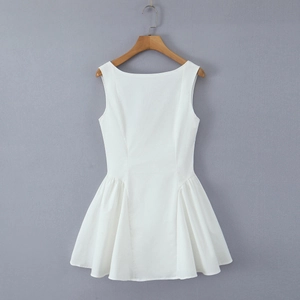Elegant white sleeveless off-the-shoulder dress with pleated skirt and slim fit design