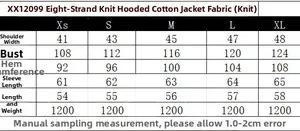 Detailed size chart for heavy knit hooded jacket with dimensions for XS-XL sizes